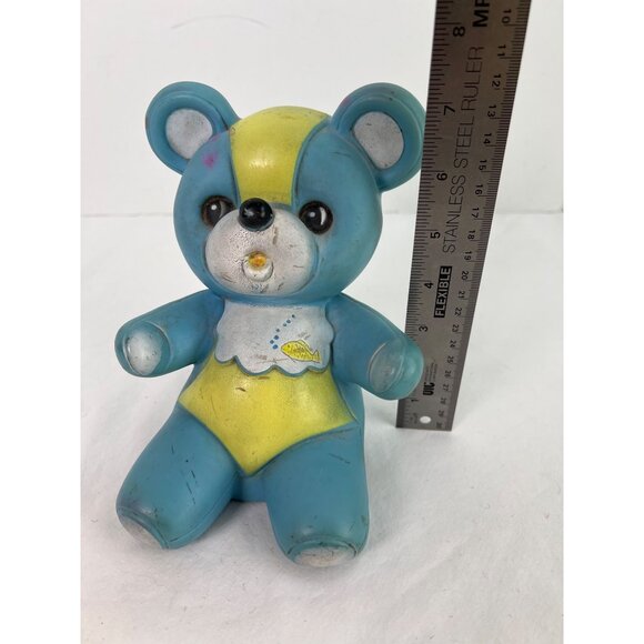 VTG Rubber Bear Squeak Toy Blue Yellow Fish Bib Taiwan Made Collectible Retro De - Picture 6 of 6
